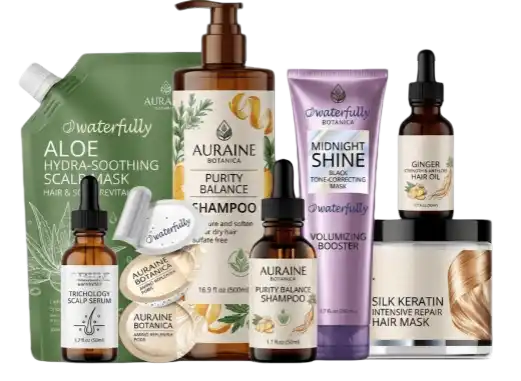 Waterfully hair care product line wholesale catalog, featuring aloe scalp mask pouches, purity balance shampoo pump bottles, hair oil droppers, and keratin hair mask jars on a black marble surface. Sample for B2B private label manufacturing