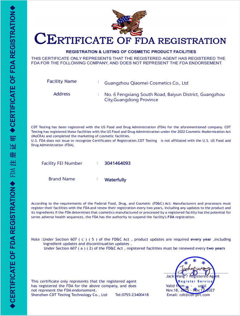 FDA registration documentation for cosmetic manufacturing